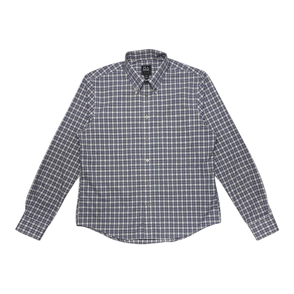 Jos A Bank Traveler Shirt Button Up Long Sleeve Blue Plaid Slim Fit Men’s Size L